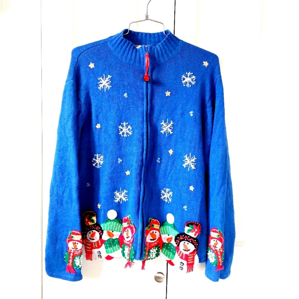 Christmas Caroling Snowman Blue Zip‎ Cardigan size Medium Tiara Beaded Holiday